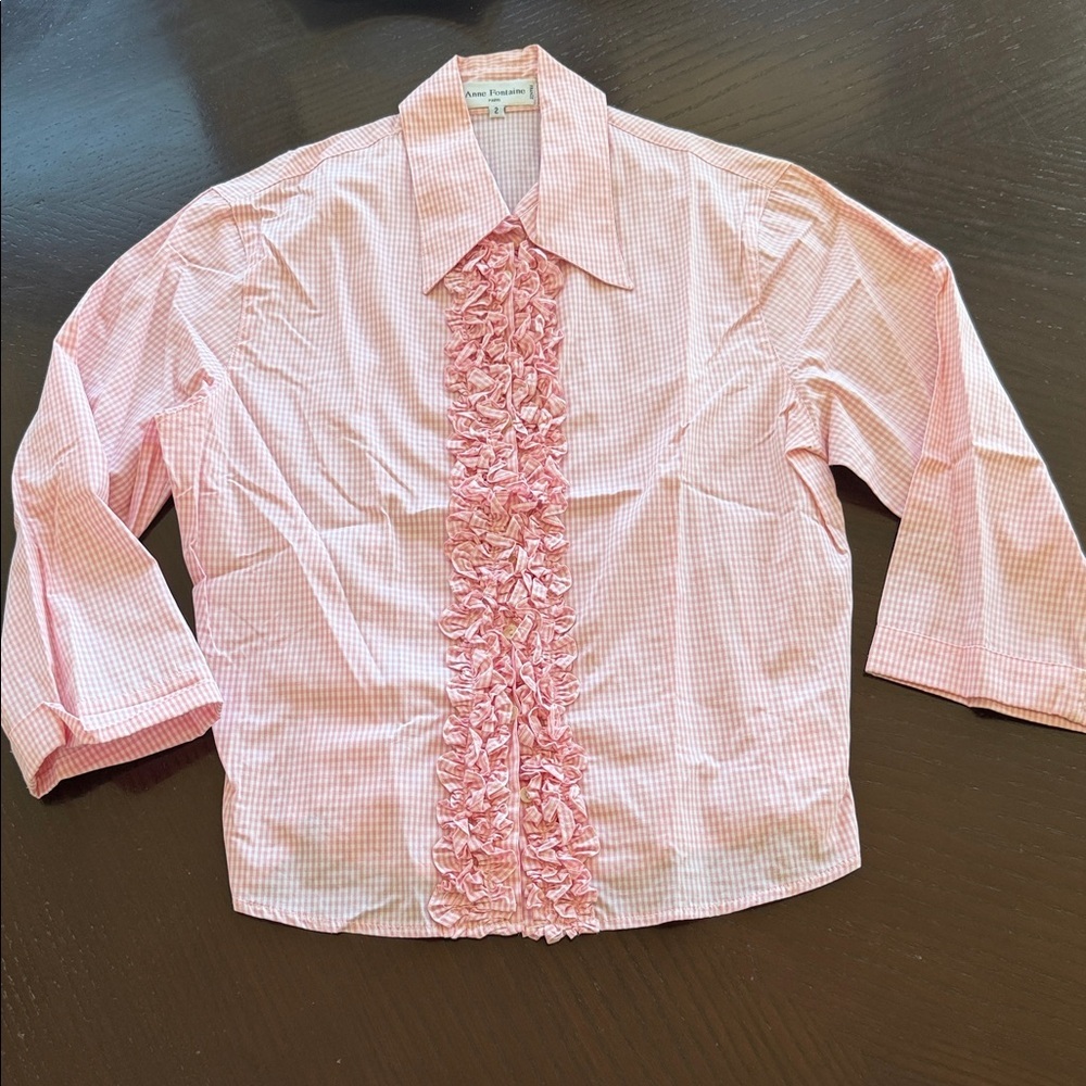 Anne Fontaine Pink Checkered Ruffle Blouse